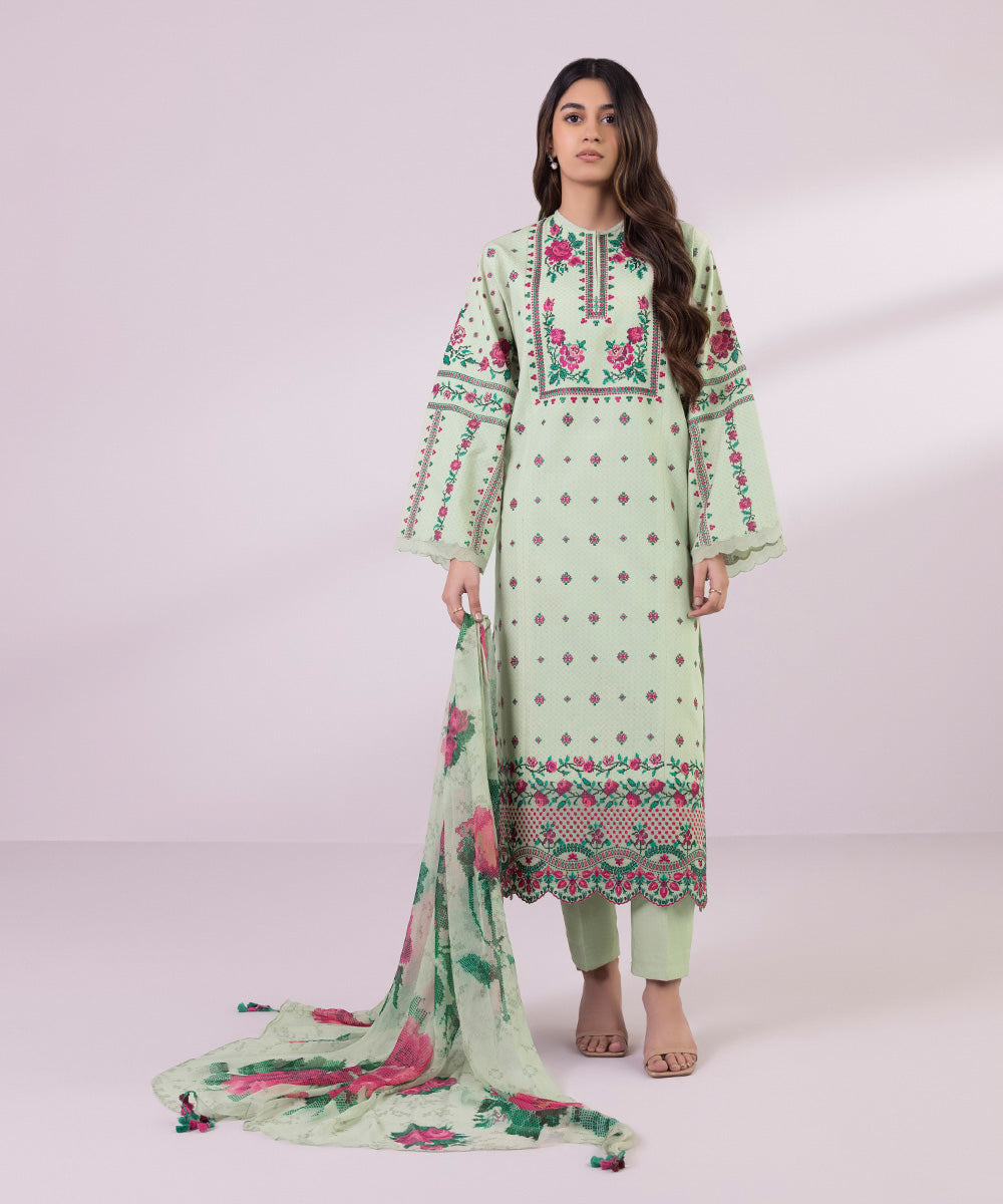 Women's Unstitched Dobby Embroidered Tea Green 3 Piece Suit