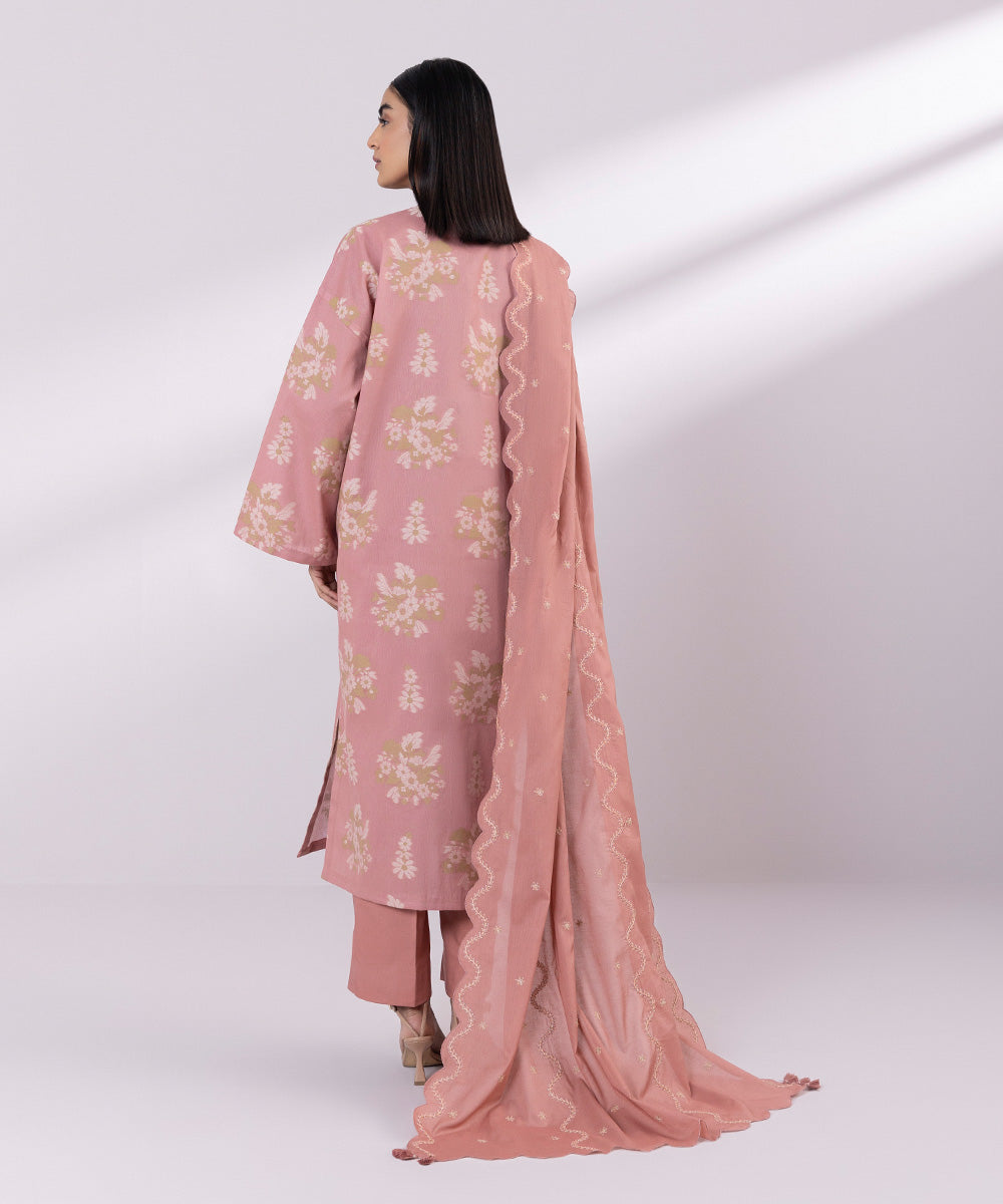 Women's Unstitched Jacquard Embroidered Peach Pink 3 Piece Suit