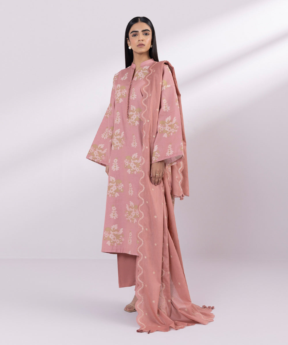 Women's Unstitched Jacquard Embroidered Peach Pink 3 Piece Suit