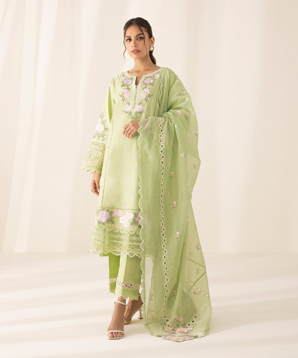 Festive Women's Unstitched Cotton Satin Green 3 Piece Suit