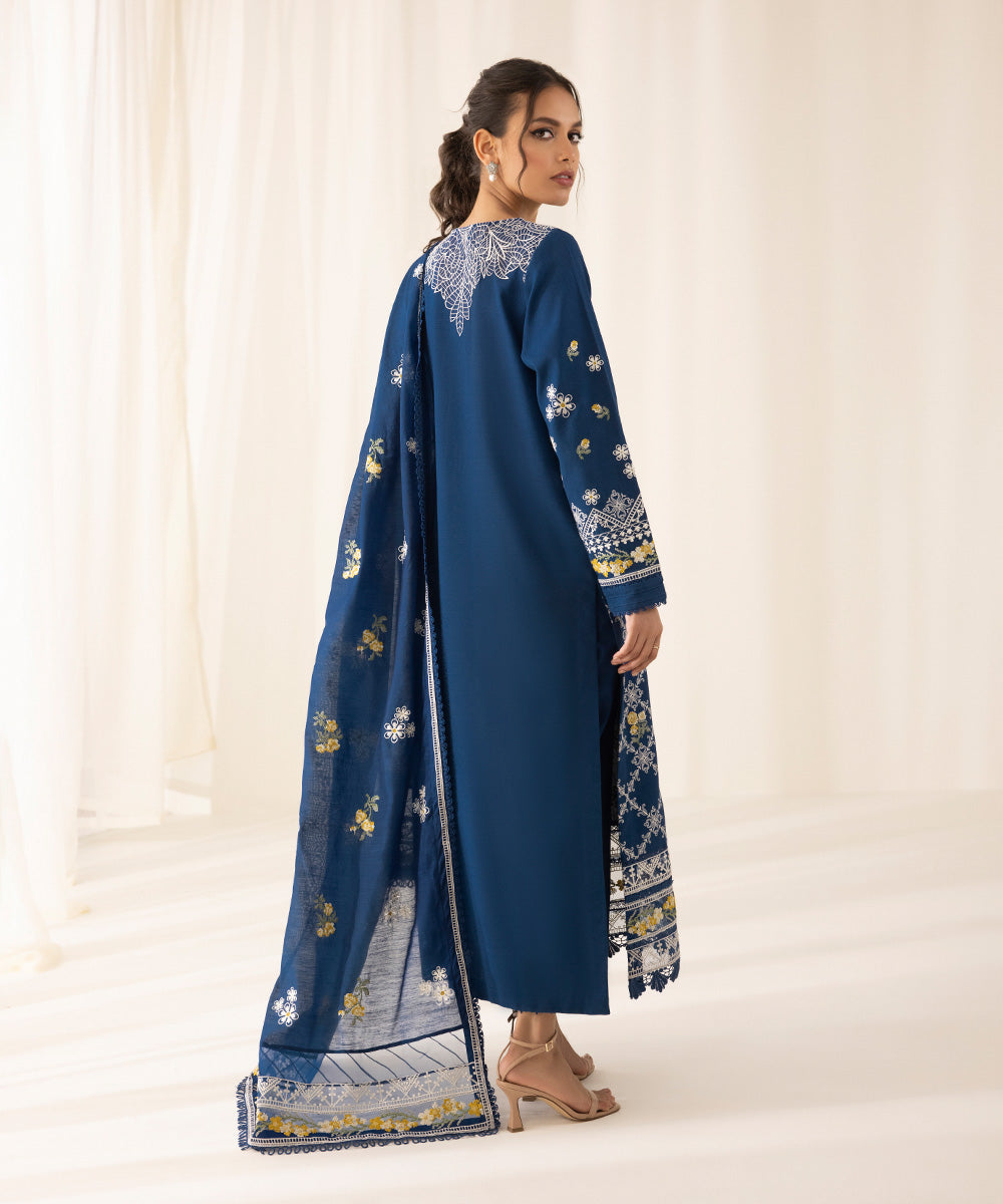 Festive Women's Unstitched Cotton Karandi Blue 3 Piece Suit