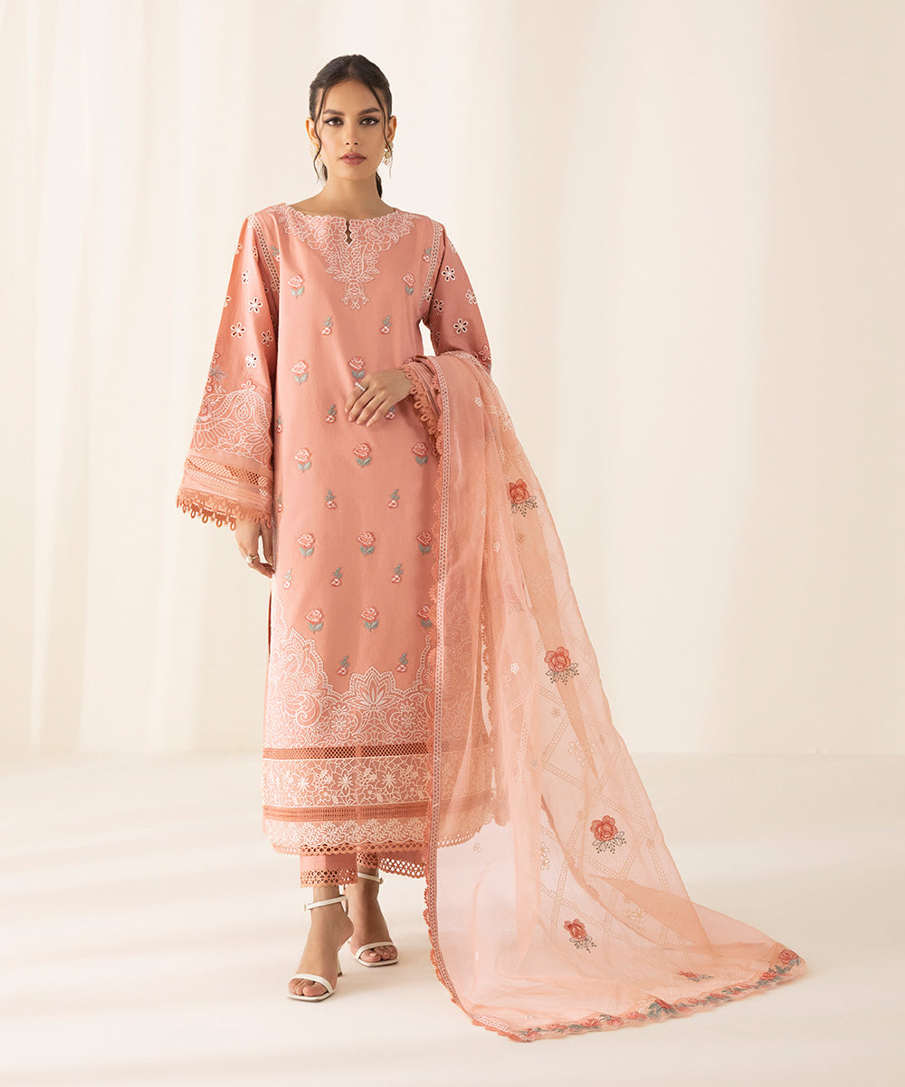 Festive Women's Unstitched Cotton Satin Pink 3 Piece Suit