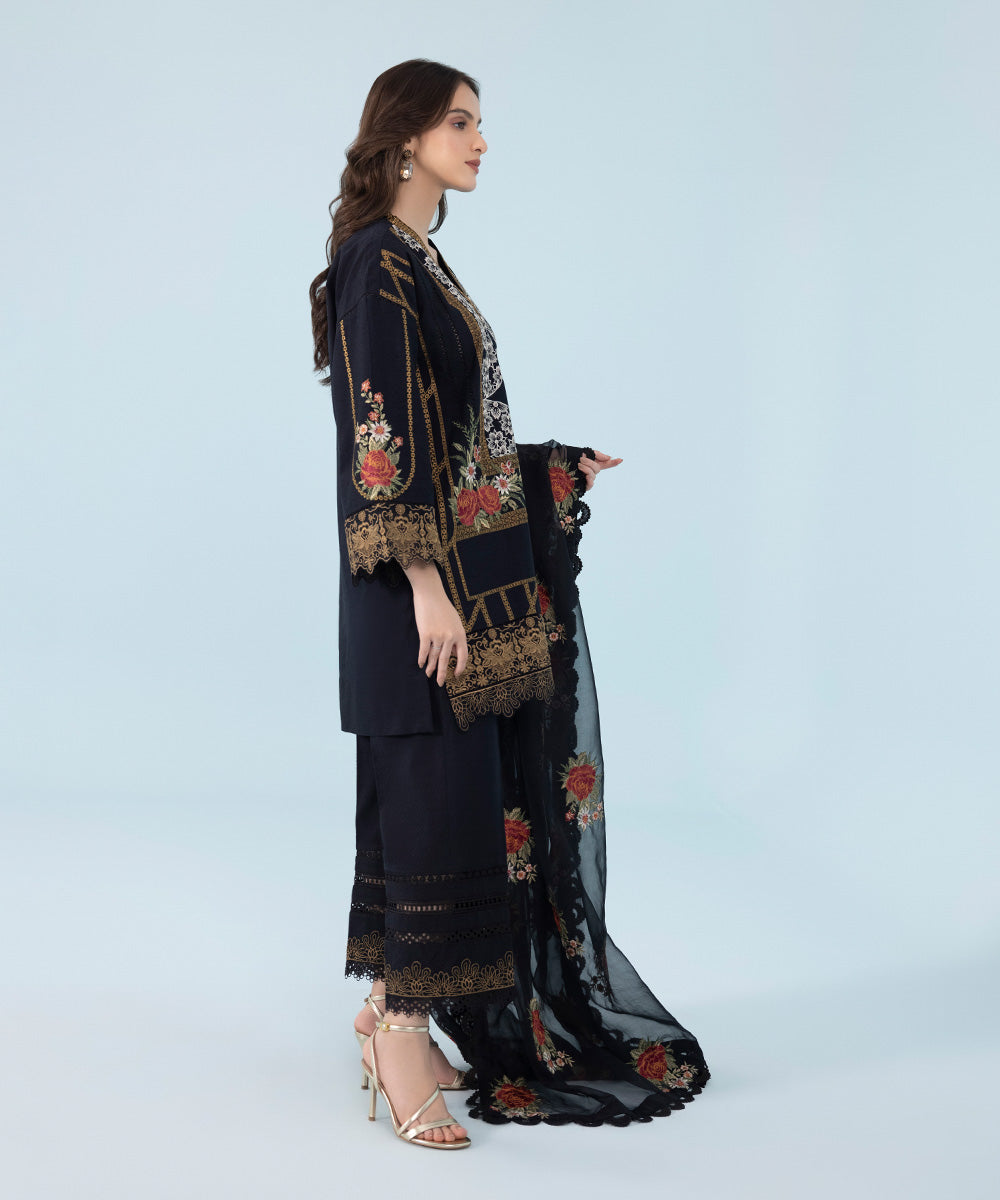 Festive Women's Unstitched Cotton Karandi Black 3 Piece Suit