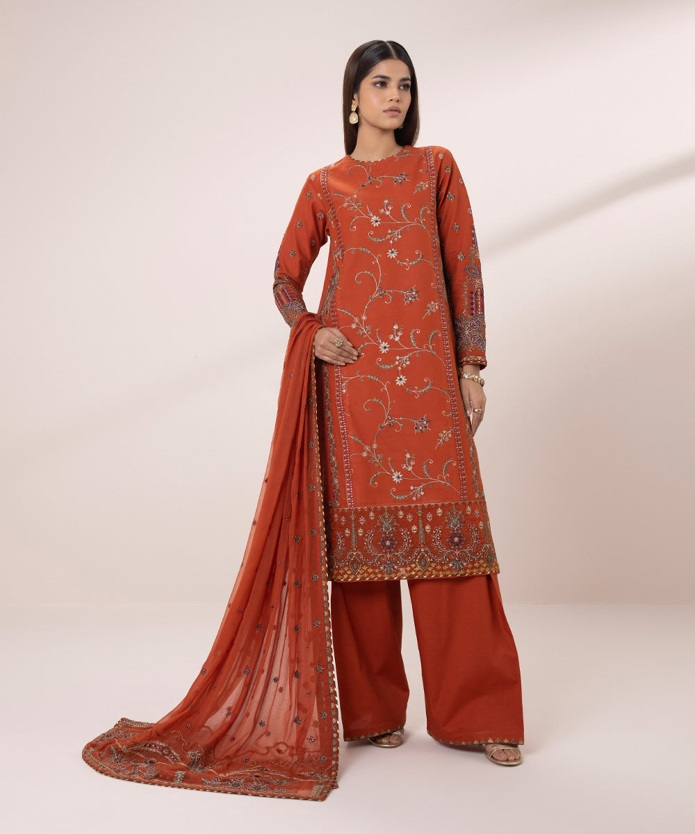 Women's Unstitched Cambric Embroidered Orange 3 Piece Suit