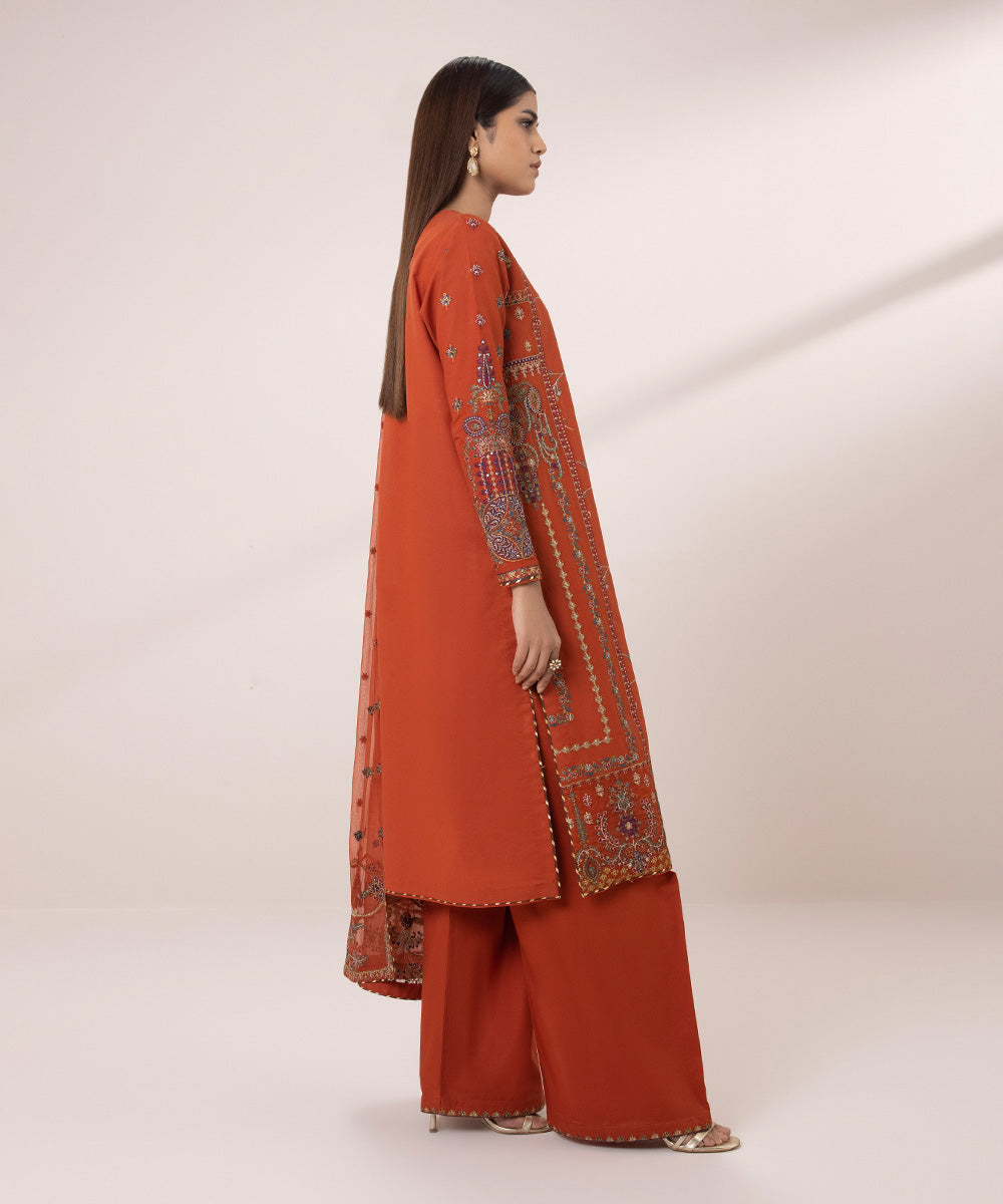 Women's Unstitched Cambric Embroidered Orange 3 Piece Suit