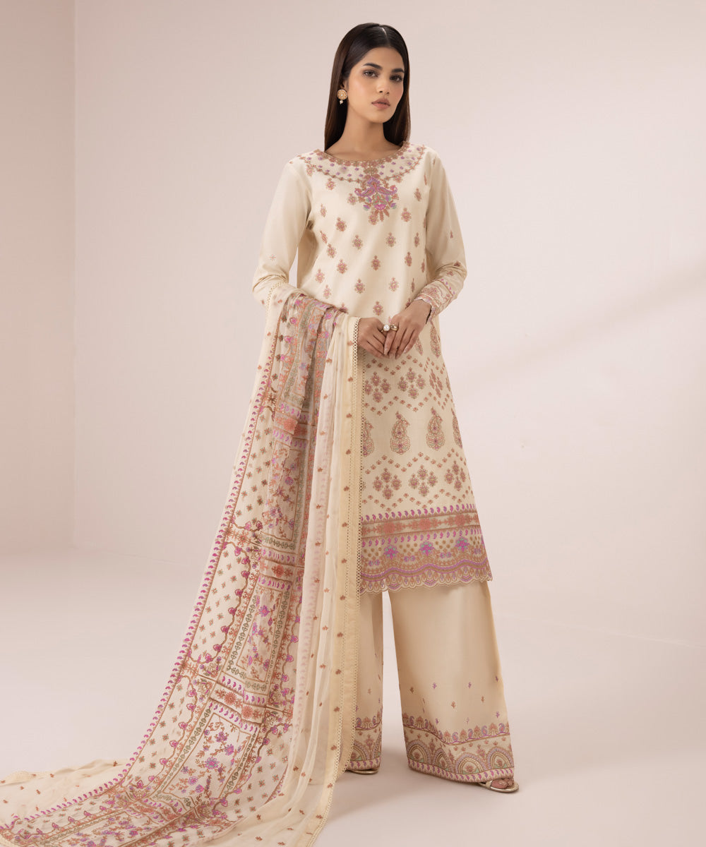 Women's Unstitched Lawn Embroidered Off White 3 Piece Suit