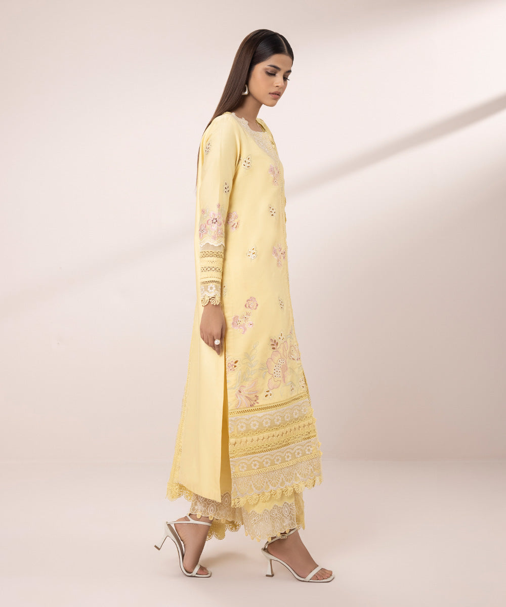 Women's Unstitched Fine Cotton Satin Embroidered Yellow 3 Piece Suit