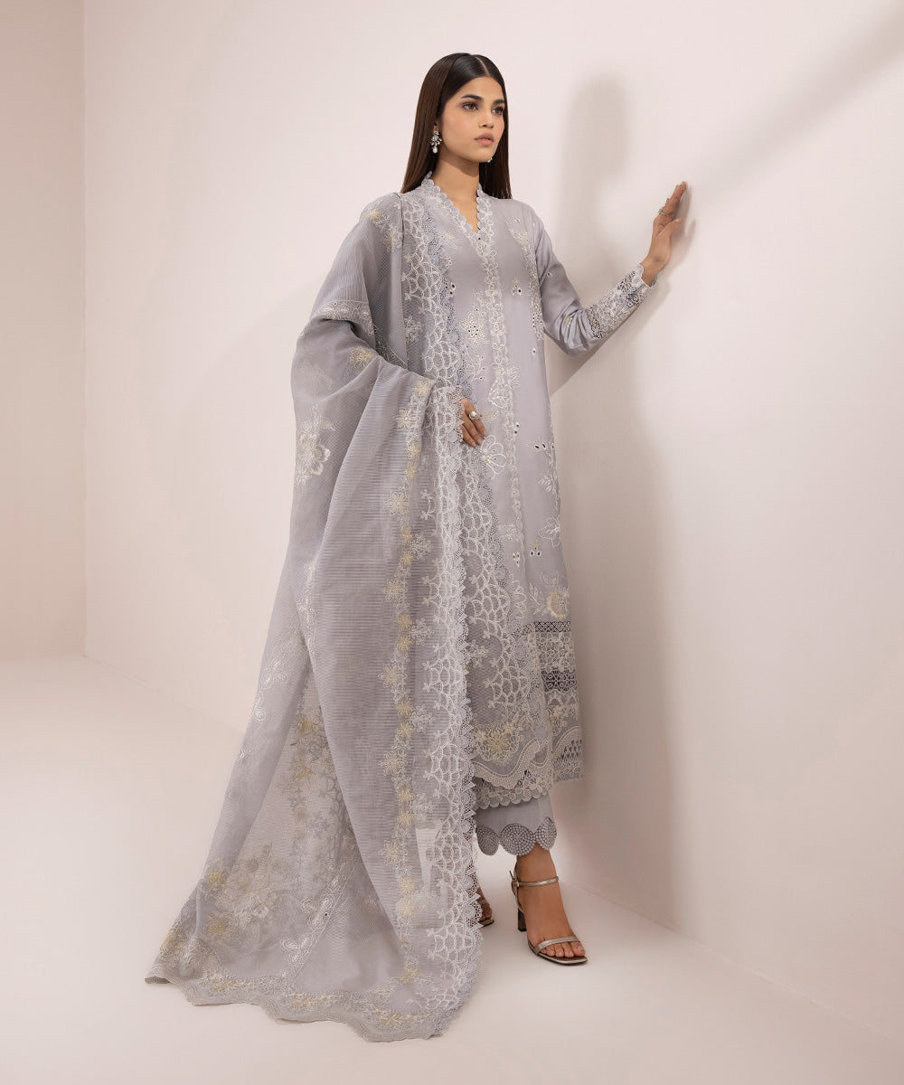 Women's Unstitched Fine Cotton Satin Embroidered Grey 3 Piece Suit