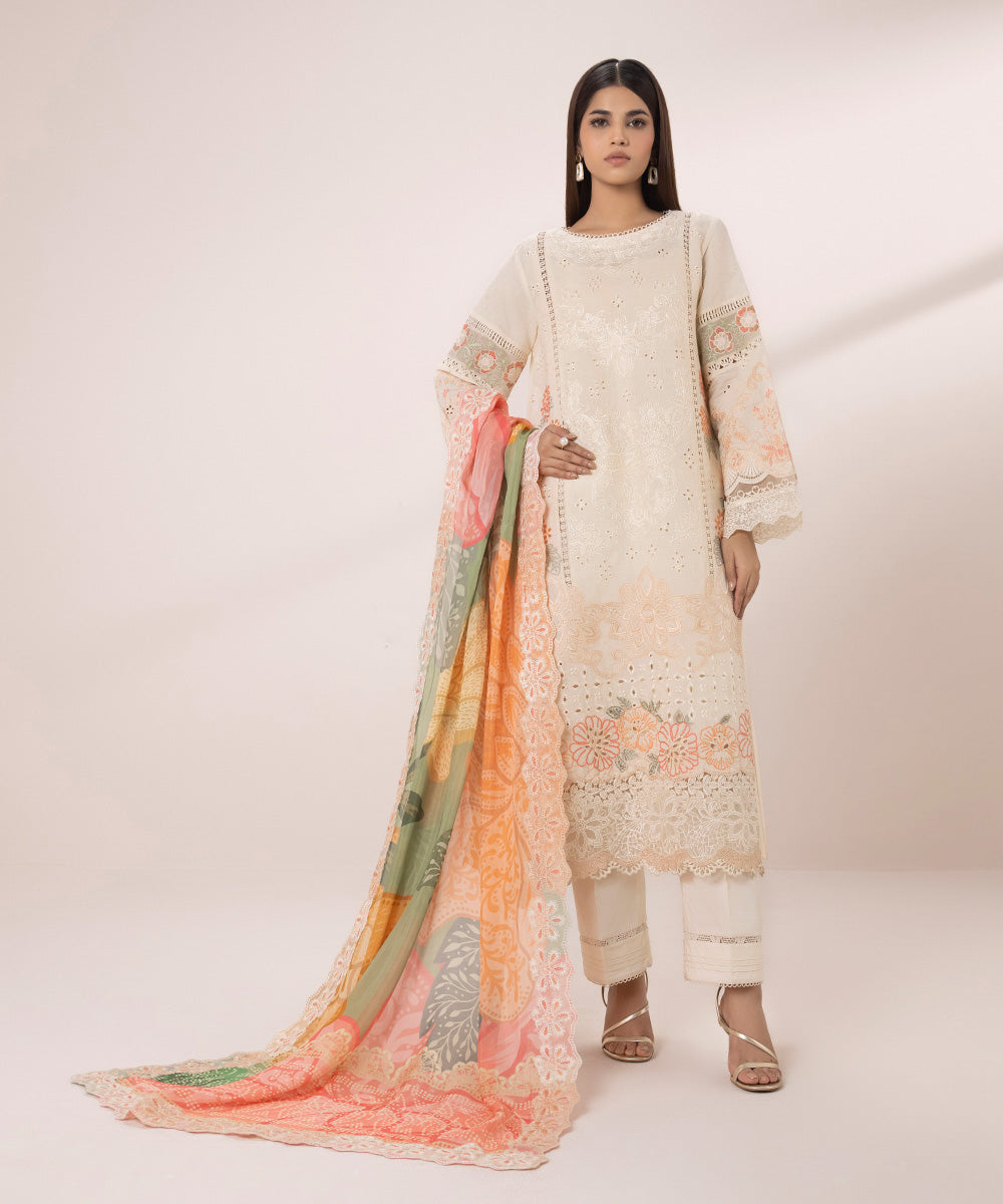 Women's Unstitched Cotton Jacquard Embroidered Off White 3 Piece Suit