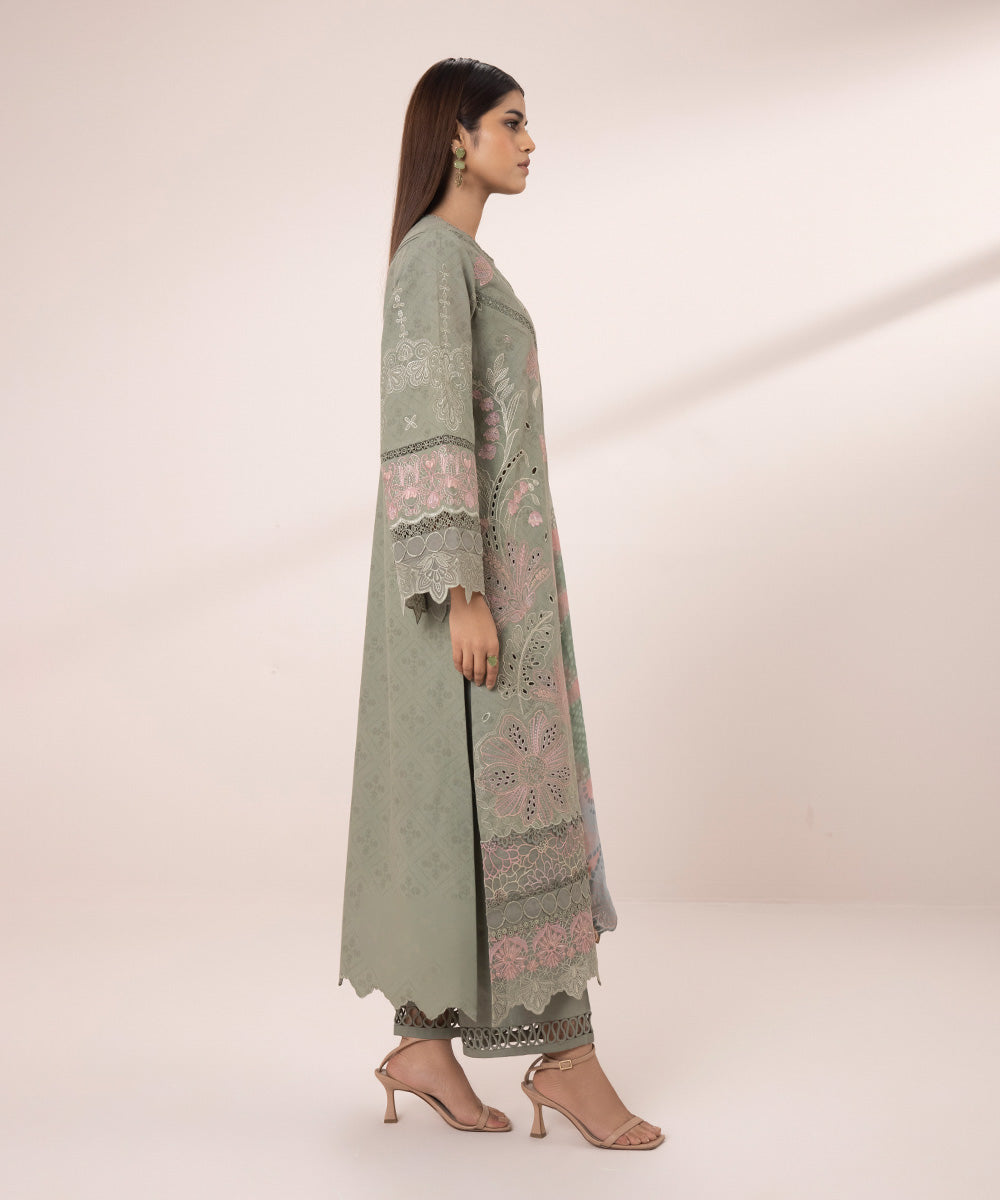 Women's Unstitched Cotton Jacquard Embroidered Green 3 Piece Suit