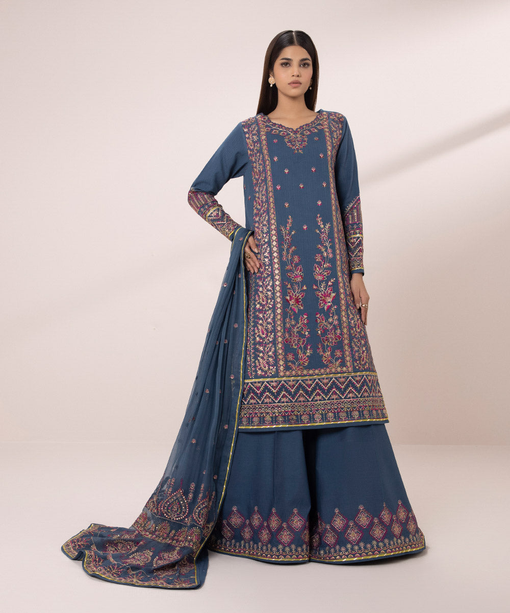 Women's Unstitched Dobby Embroidered Blue 3 Piece Suit