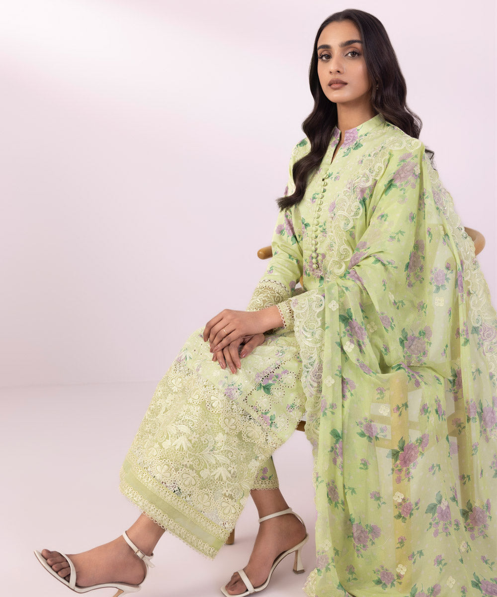 Women's Unstitched Light Cotton Satin Embroidered Mint Green 3 Piece Suit