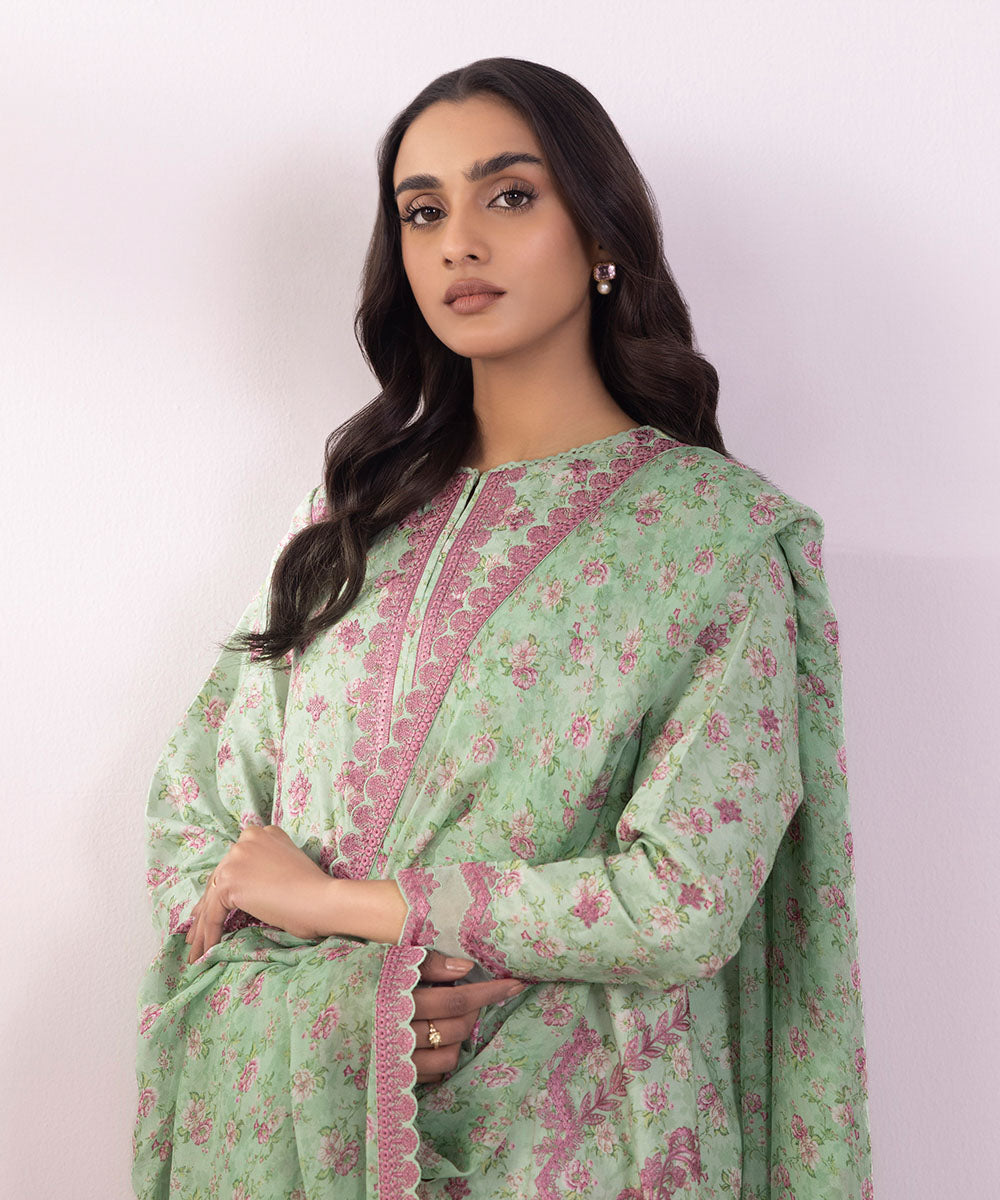 Women's Unstitched Cotton Jacquard Embroidered Mint Green 3 Piece Suit
