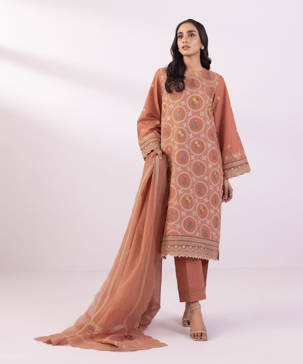 Women's Unstitched Lawn Embroidered Coral 3 Piece Suit