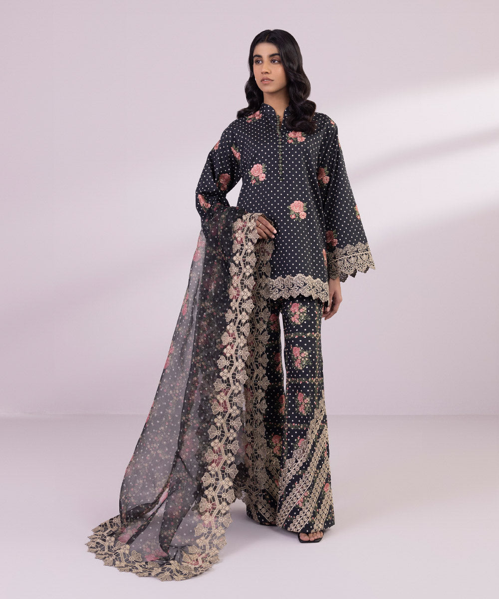 Women's Unstitched Lawn Embroidered Black 3 Piece Suit