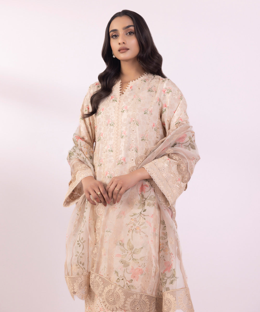 Women's Unstitched Lawn Embroidered Off White 3 Piece Suit