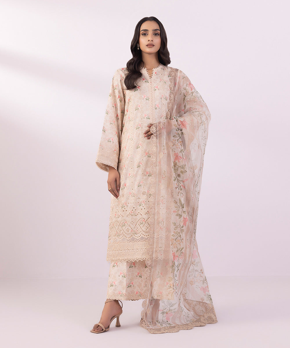 Women's Unstitched Lawn Embroidered Off White 3 Piece Suit