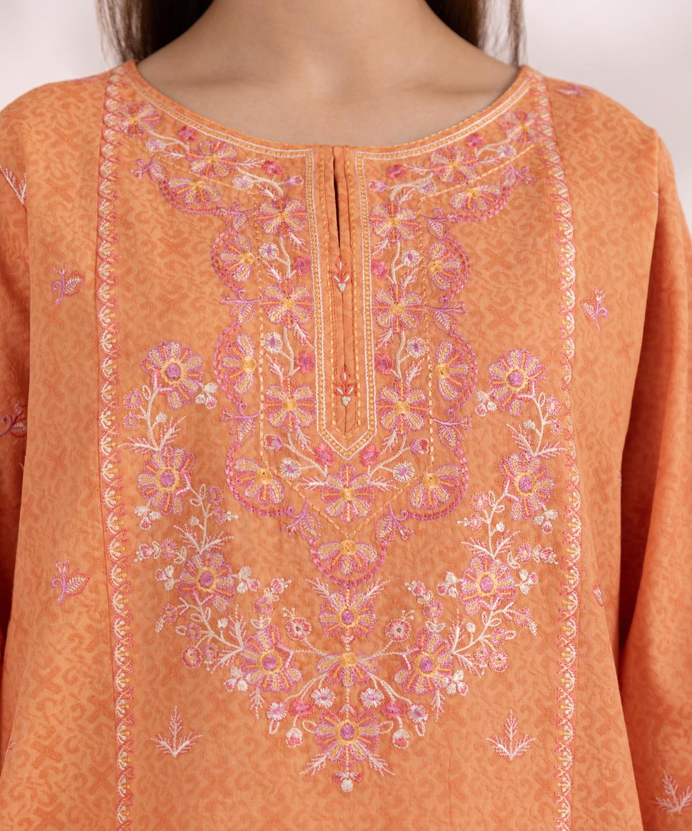 Women's Unstitched Cotton Jacquard Orange Embroidered 3 Piece Suit