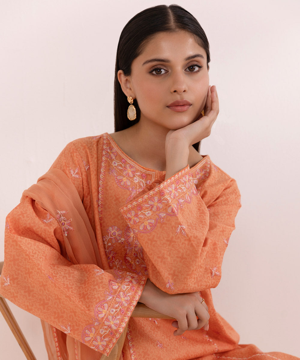 Women's Unstitched Cotton Jacquard Orange Embroidered 3 Piece Suit