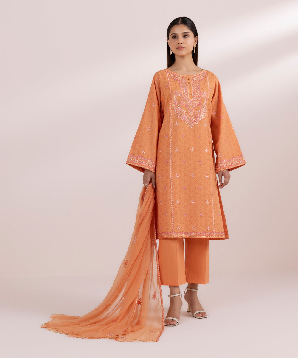 Women's Unstitched Cotton Jacquard Orange Embroidered 3 Piece Suit