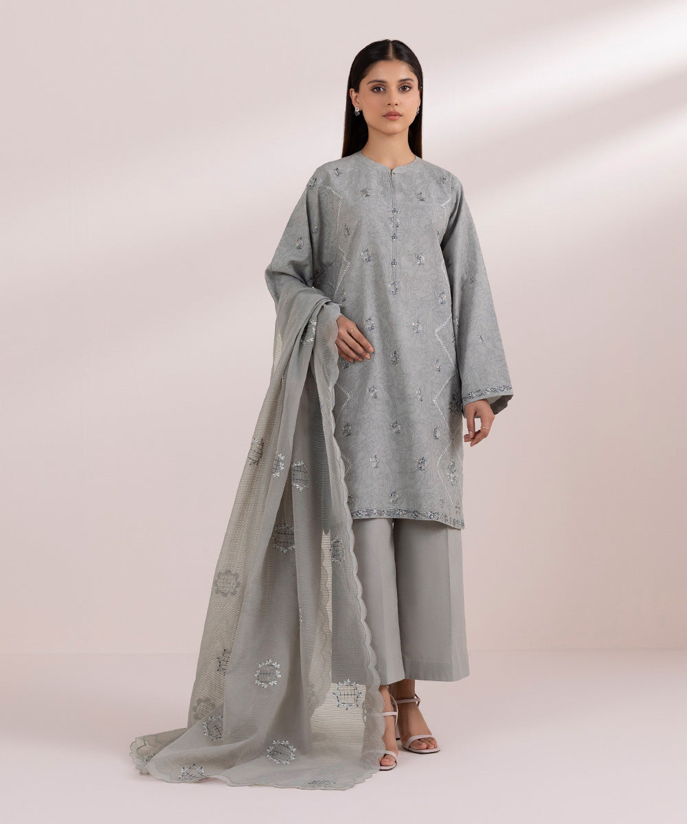 Women's Unstitched Cotton Jacquard Grey Embroidered 3 Piece Suit