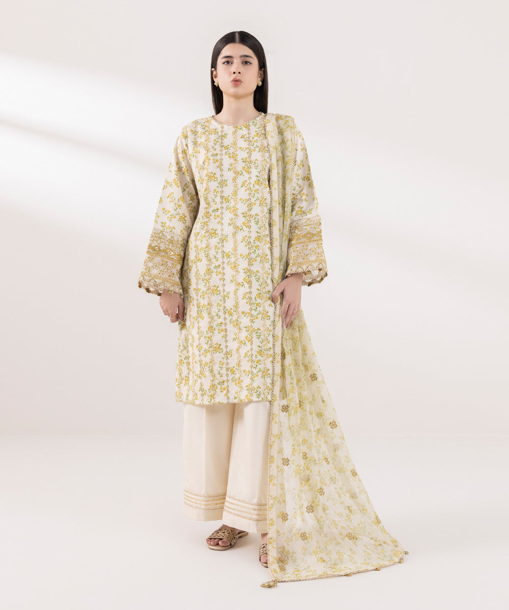 Women's Unstitched Fine Cotton Satin Embroidered Yellow 3 Piece Suit