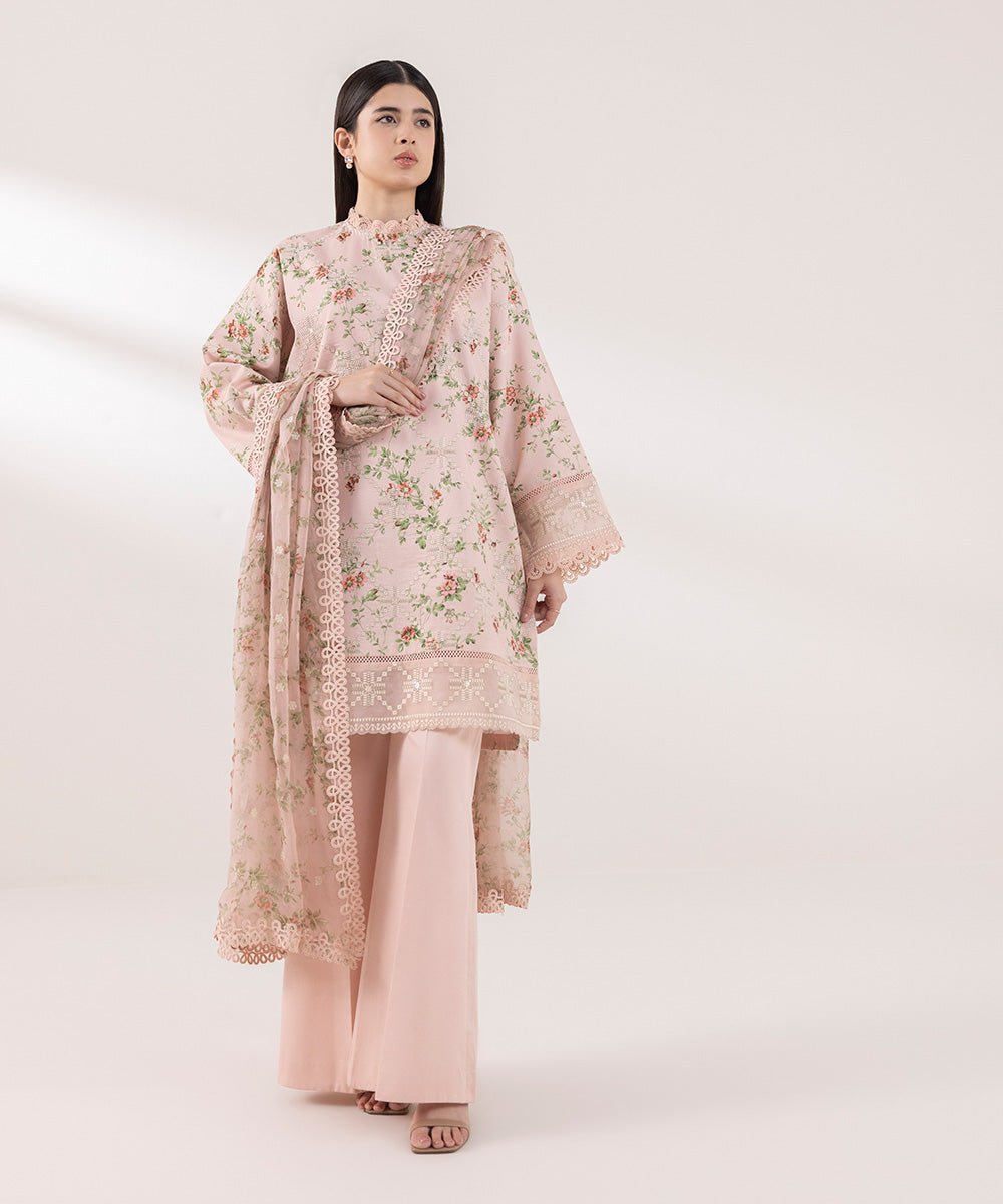 Women's Unstitched Fine Cotton Satin Embroidered Pink 3 Piece Suit