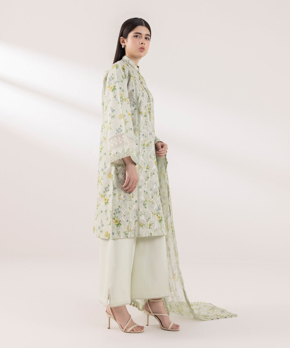 Women's Unstitched Fine Cotton Satin Embroidered Green 3 Piece Suit