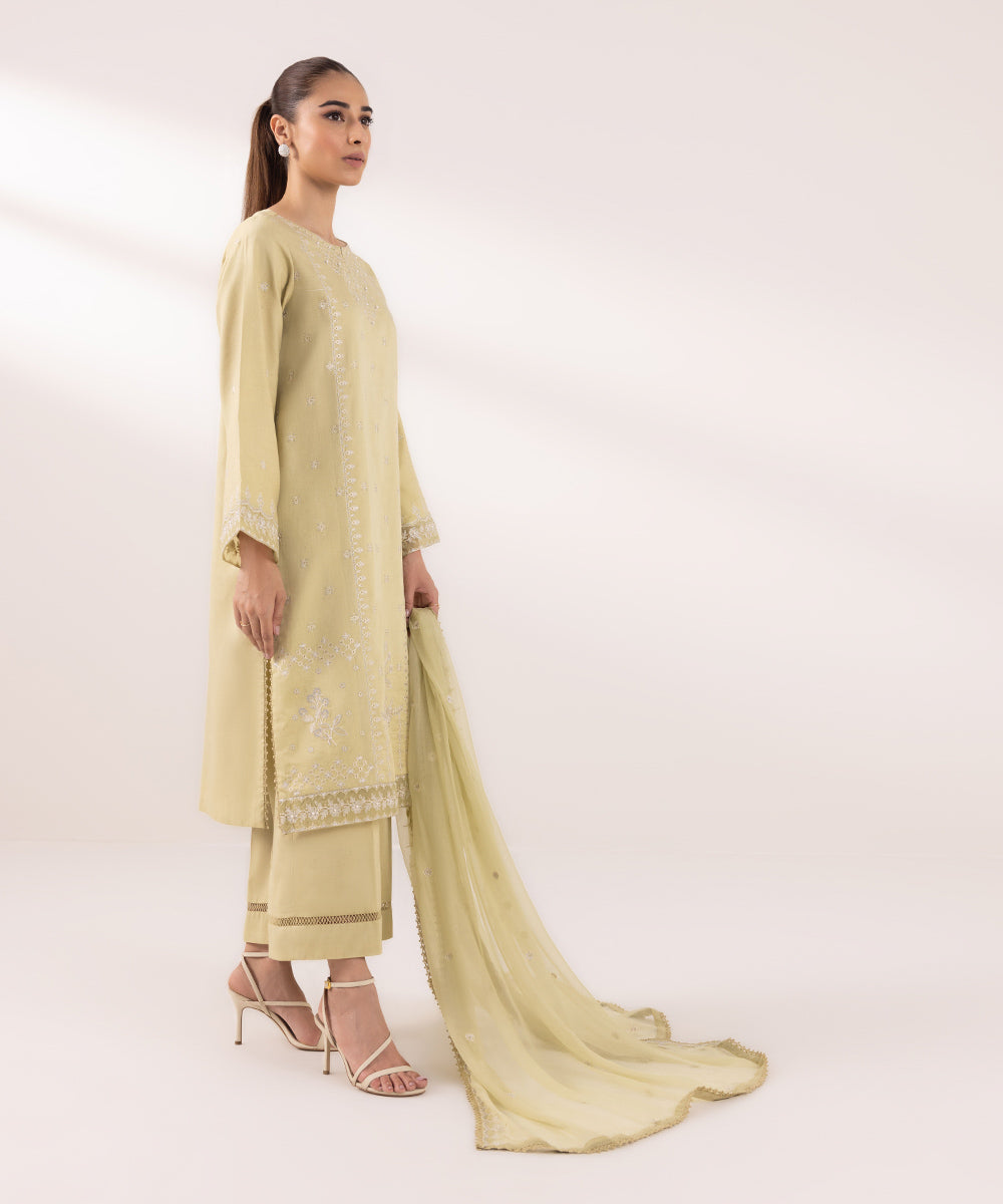 Women's Unstitched Fine Cotton Satin Embroidered Yellow 3 Piece Suit