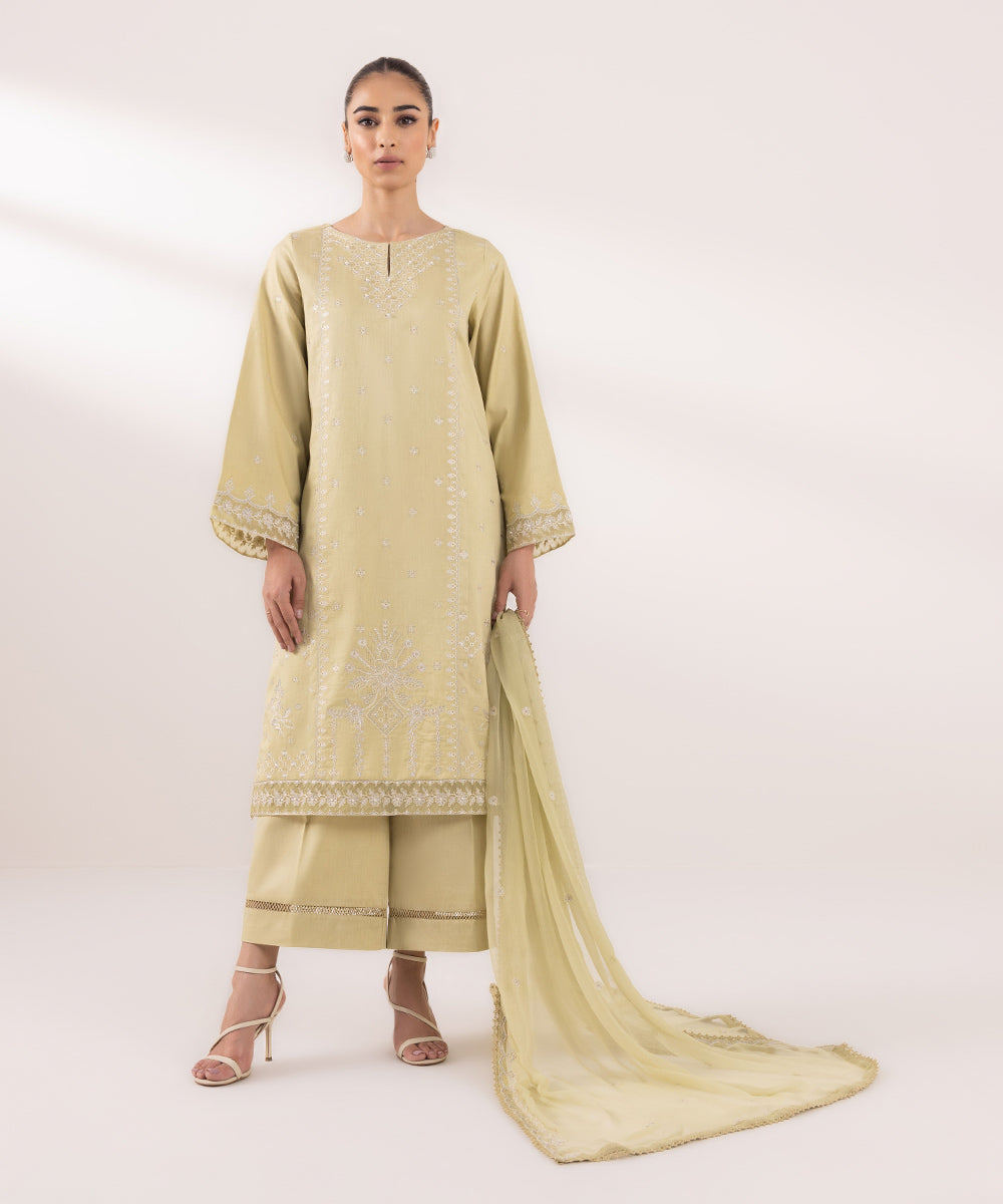 Women's Unstitched Fine Cotton Satin Embroidered Yellow 3 Piece Suit