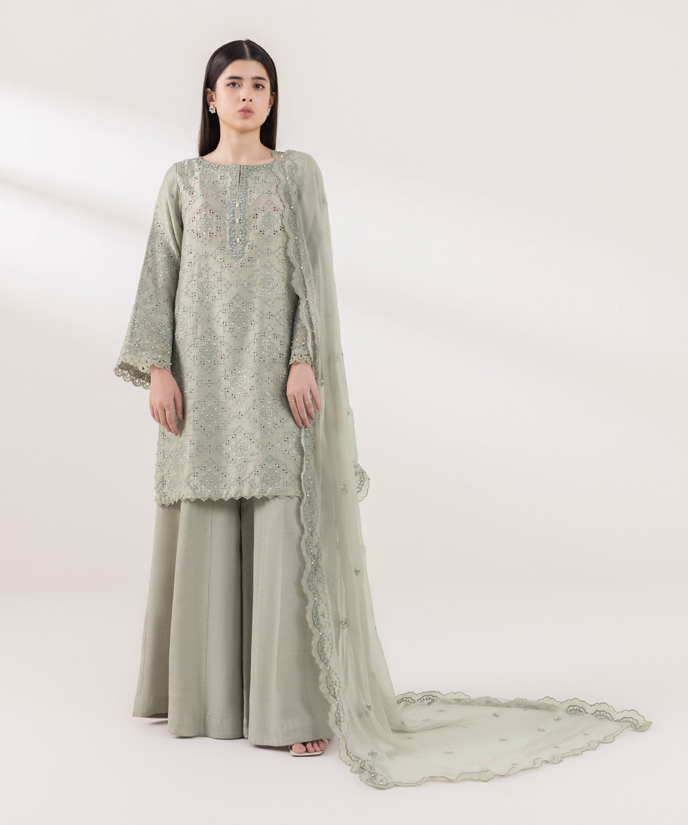 Women's Unstitched PK Raw Silk Embroidered Grey 3 Piece Suit