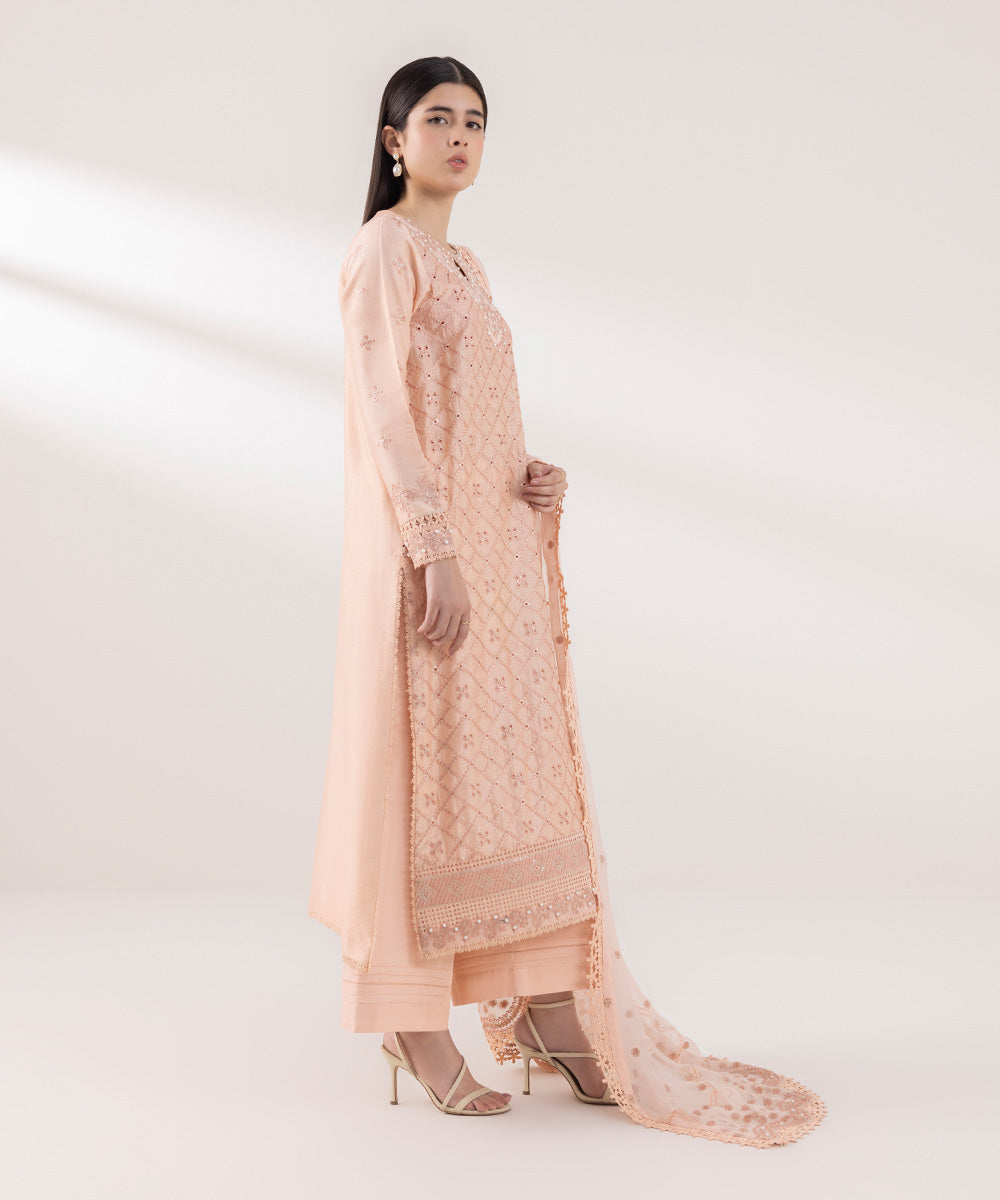 Women's Unstitched PK Raw Silk Embroidered Pink 3 Piece Suit