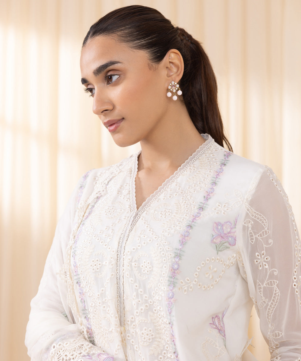 Women's Unstitched Embroidered White Georgette Chiffon Three Piece Suit