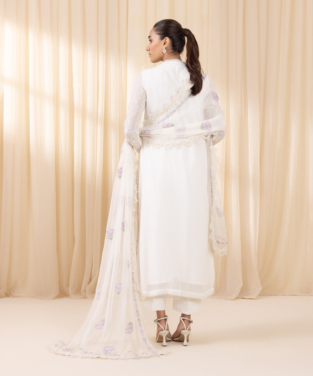 Women's Unstitched Embroidered White Georgette Chiffon Three Piece Suit