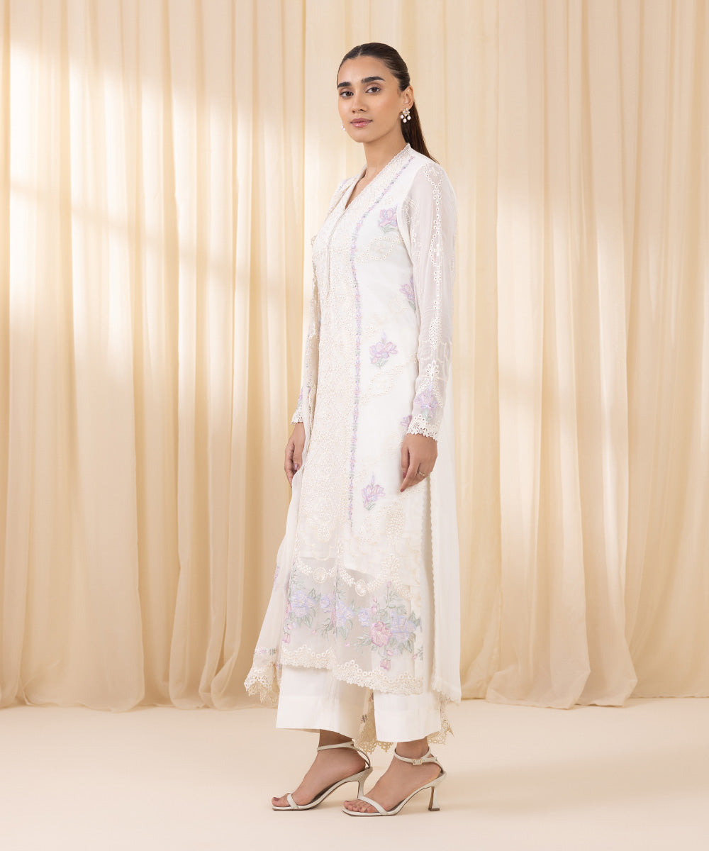 Women's Unstitched Embroidered White Georgette Chiffon Three Piece Suit