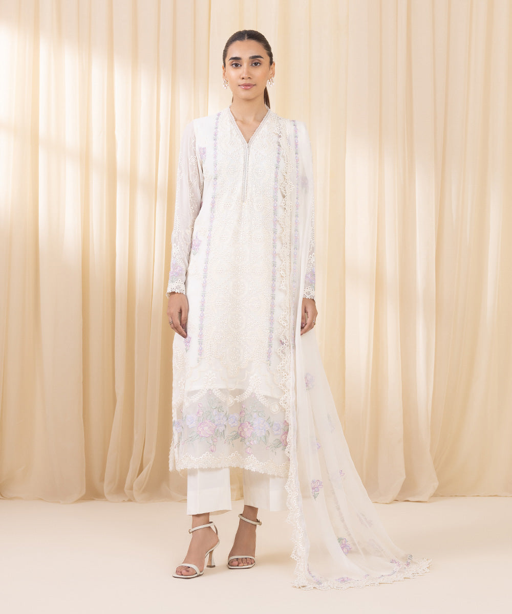 Women's Unstitched Embroidered White Georgette Chiffon Three Piece Suit