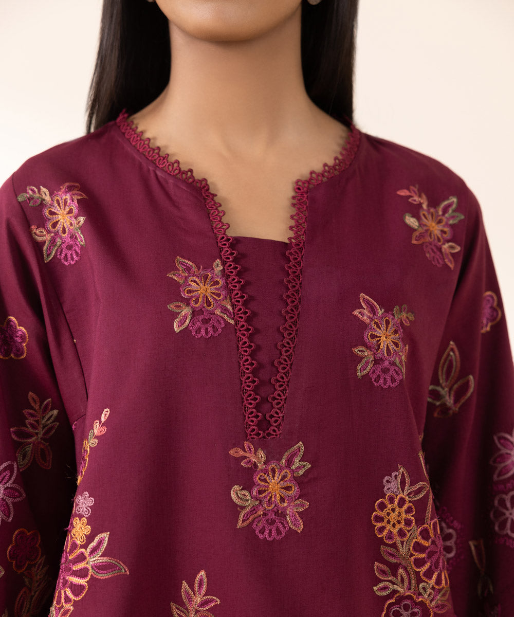 Women's Unstitched Cotton Viscose Red Embroidered 3 Piece Suit