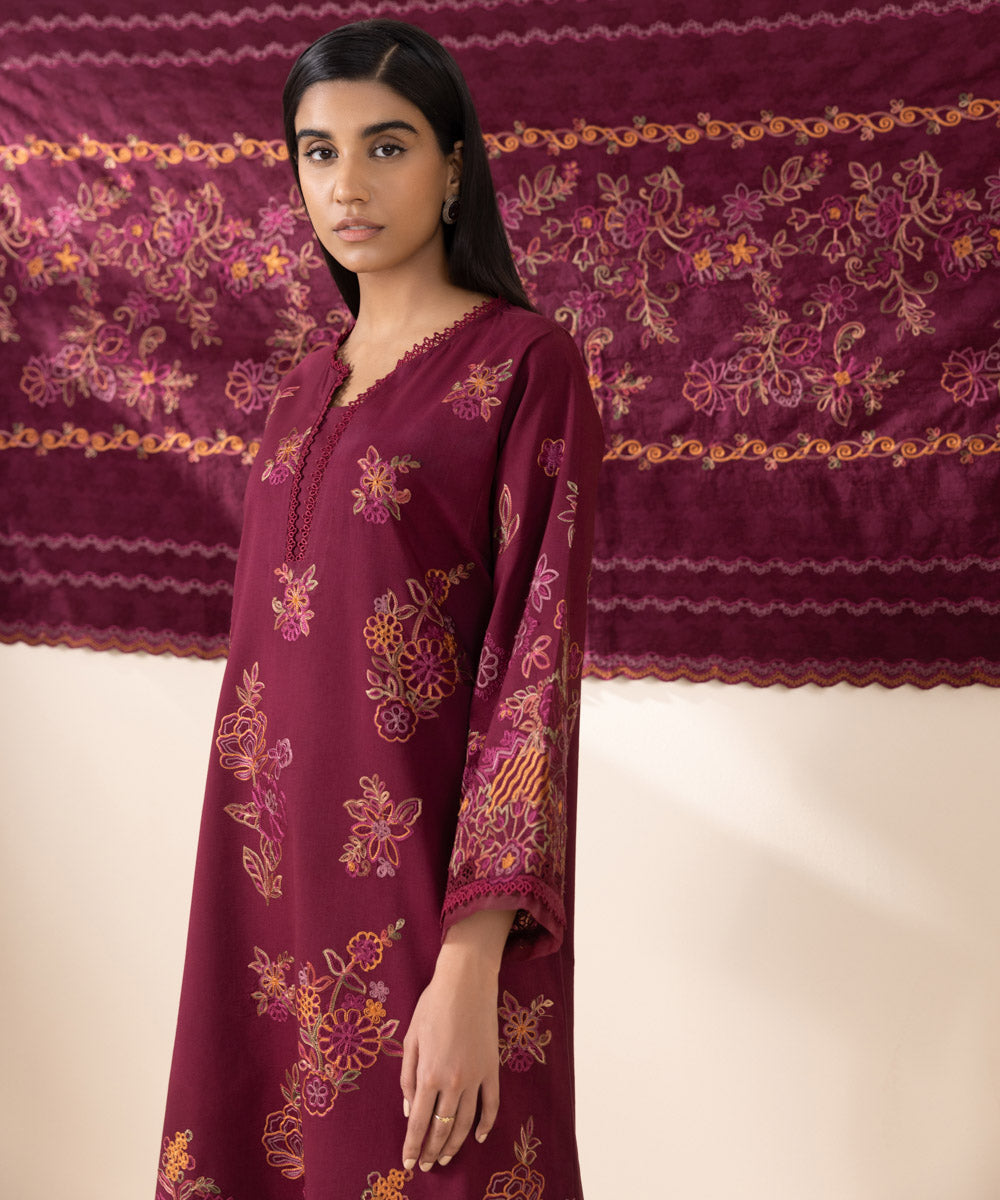 Women's Unstitched Cotton Viscose Red Embroidered 3 Piece Suit