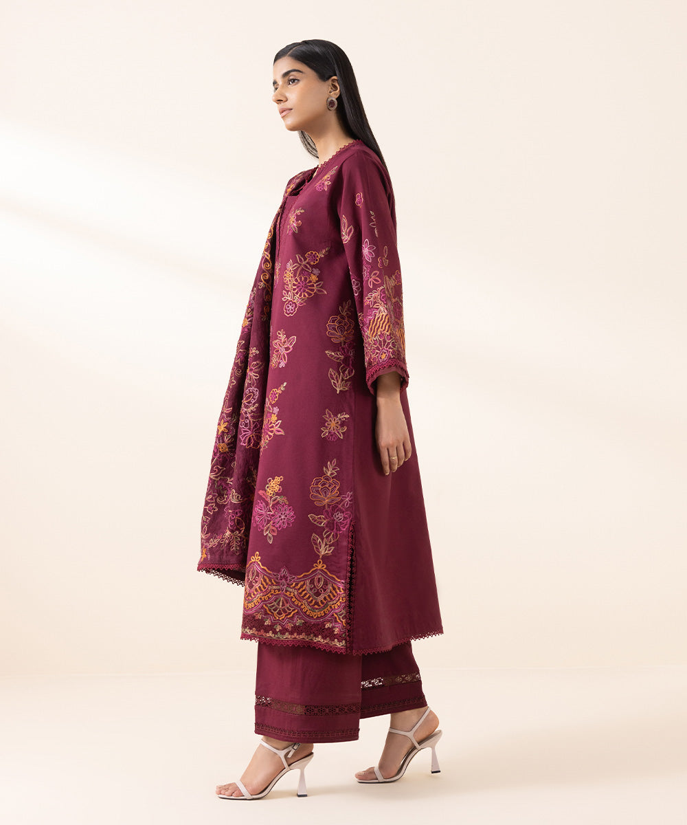 Women's Unstitched Cotton Viscose Red Embroidered 3 Piece Suit