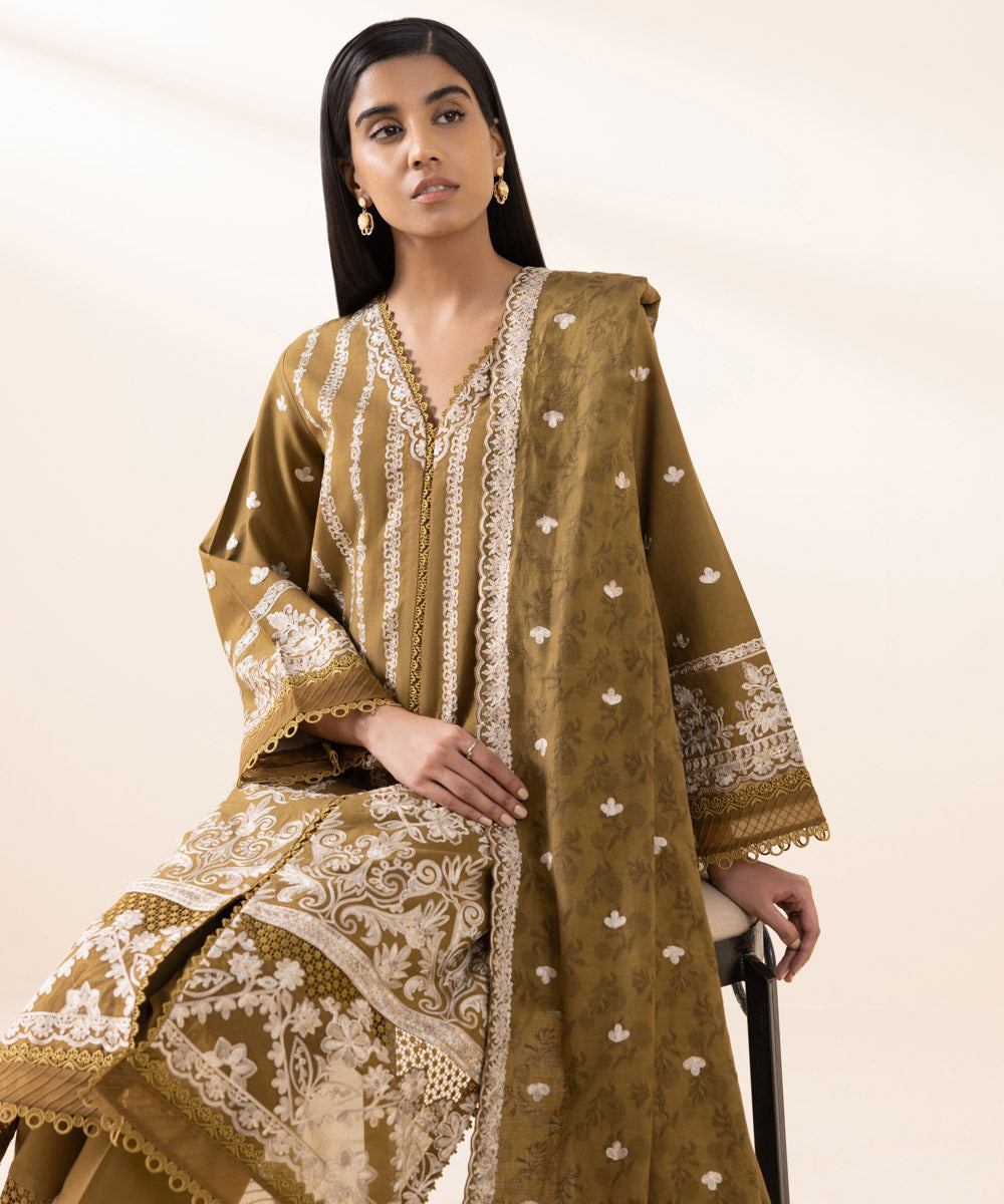 Women's Unstitched Cotton Viscose Brown Embroidered 3 Piece Suit