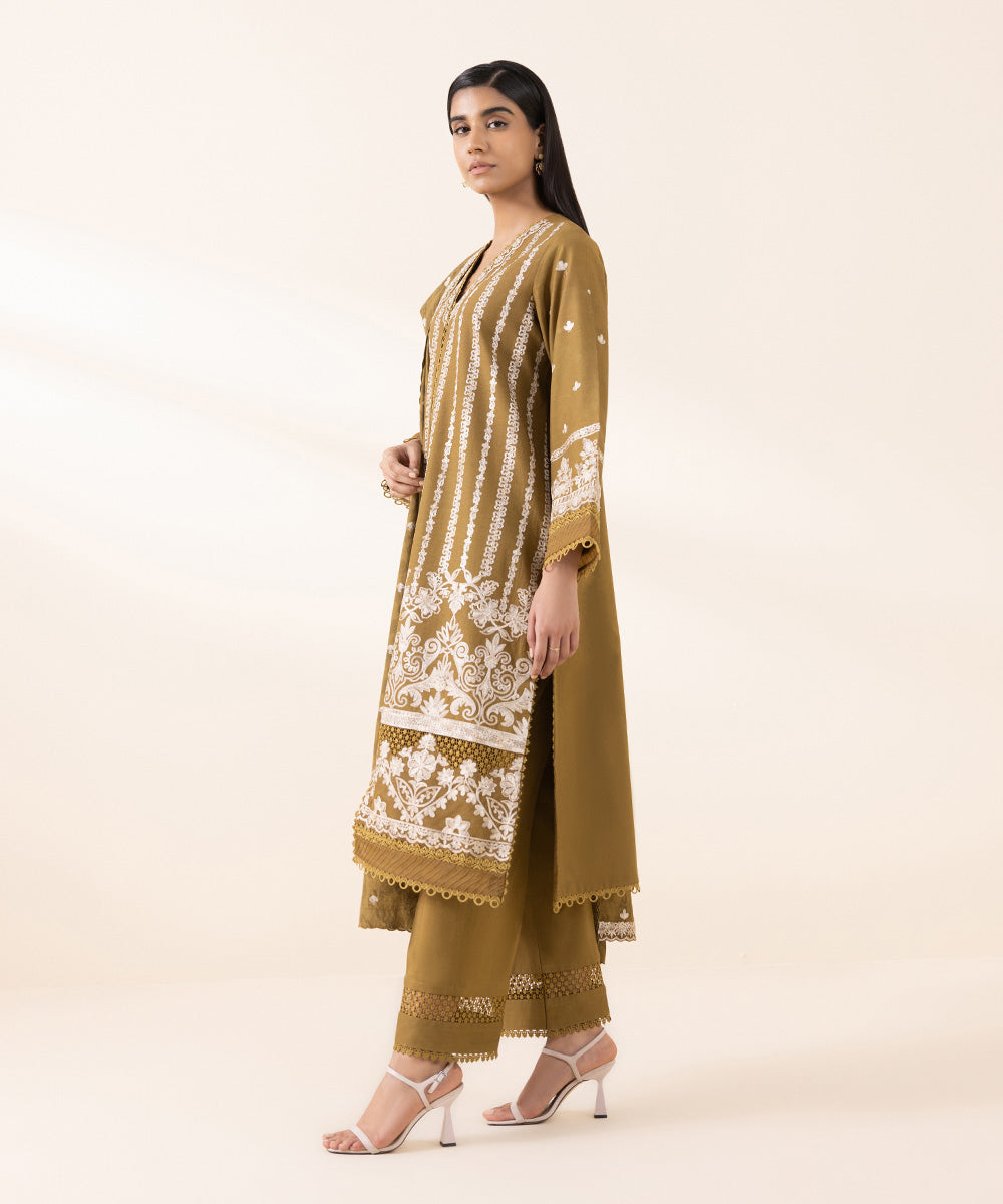 Women's Unstitched Cotton Viscose Brown Embroidered 3 Piece Suit