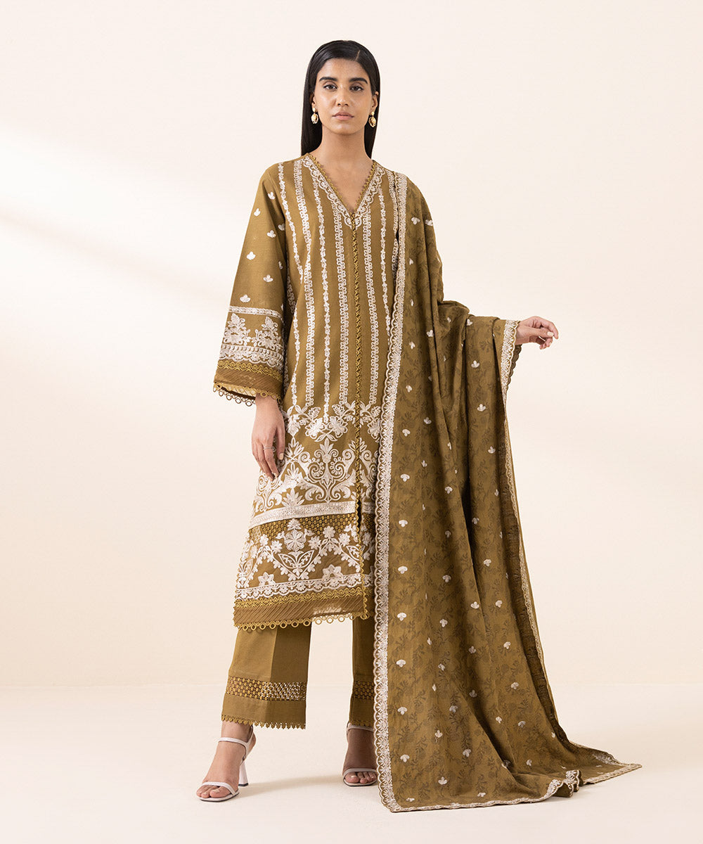 Women's Unstitched Cotton Viscose Brown Embroidered 3 Piece Suit