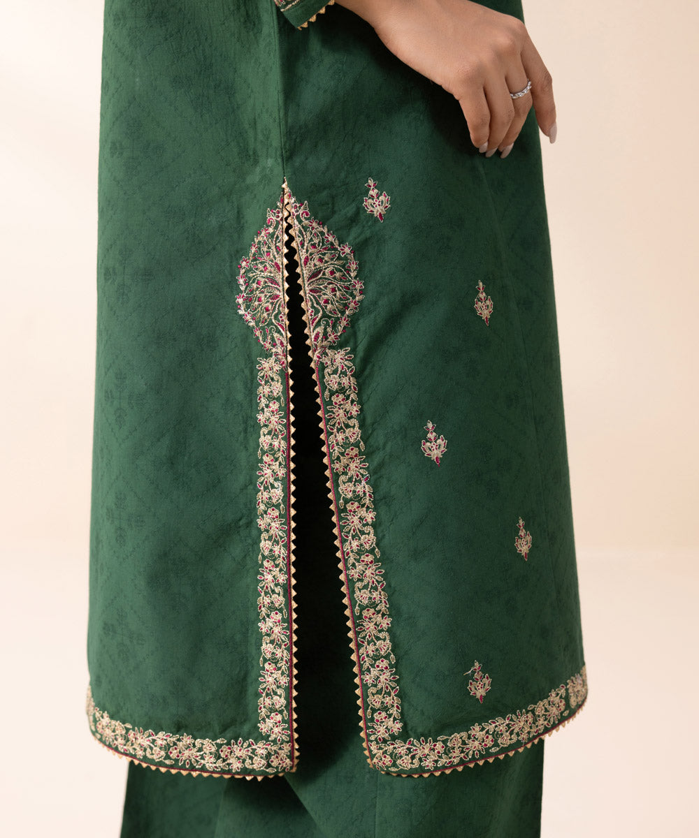 Women's Unstitched Cotton Jacquard Green Embroidered 3 Piece Suit