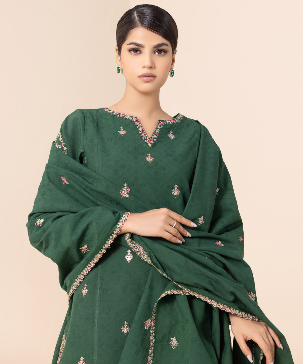 Women's Unstitched Cotton Jacquard Green Embroidered 3 Piece Suit