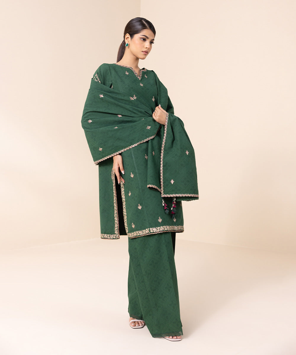 Women's Unstitched Cotton Jacquard Green Embroidered 3 Piece Suit