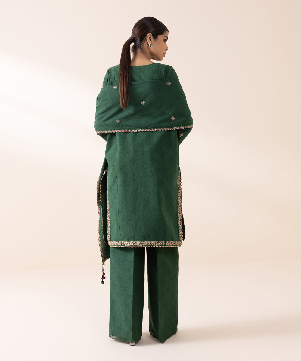 Women's Unstitched Cotton Jacquard Green Embroidered 3 Piece Suit