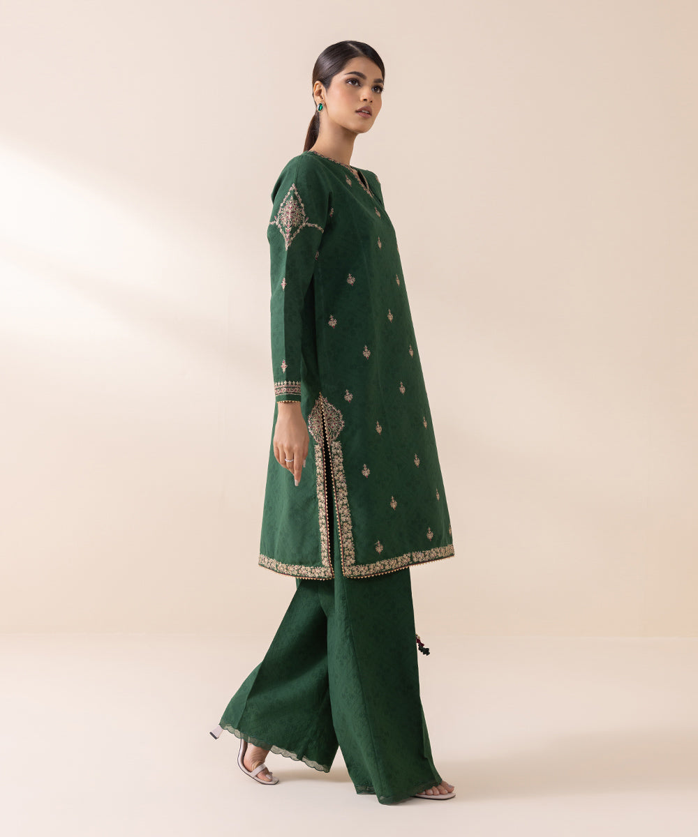 Women's Unstitched Cotton Jacquard Green Embroidered 3 Piece Suit