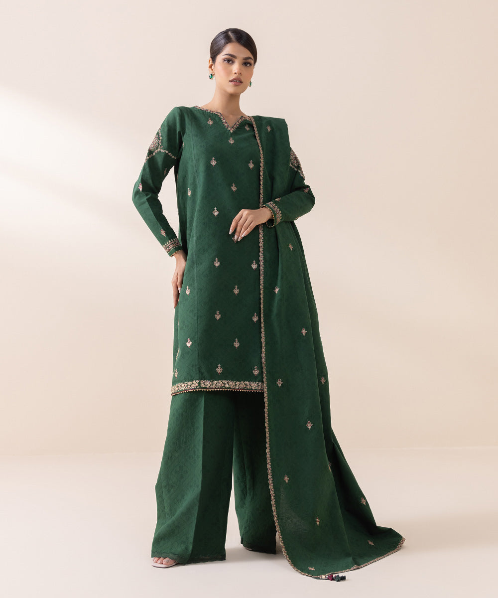 Women's Unstitched Cotton Jacquard Green Embroidered 3 Piece Suit