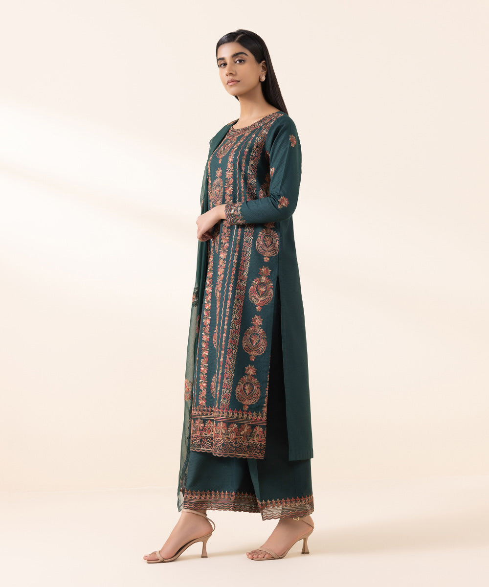 Women's Unstitched Dobby Green Embroidered 3 Piece Suit