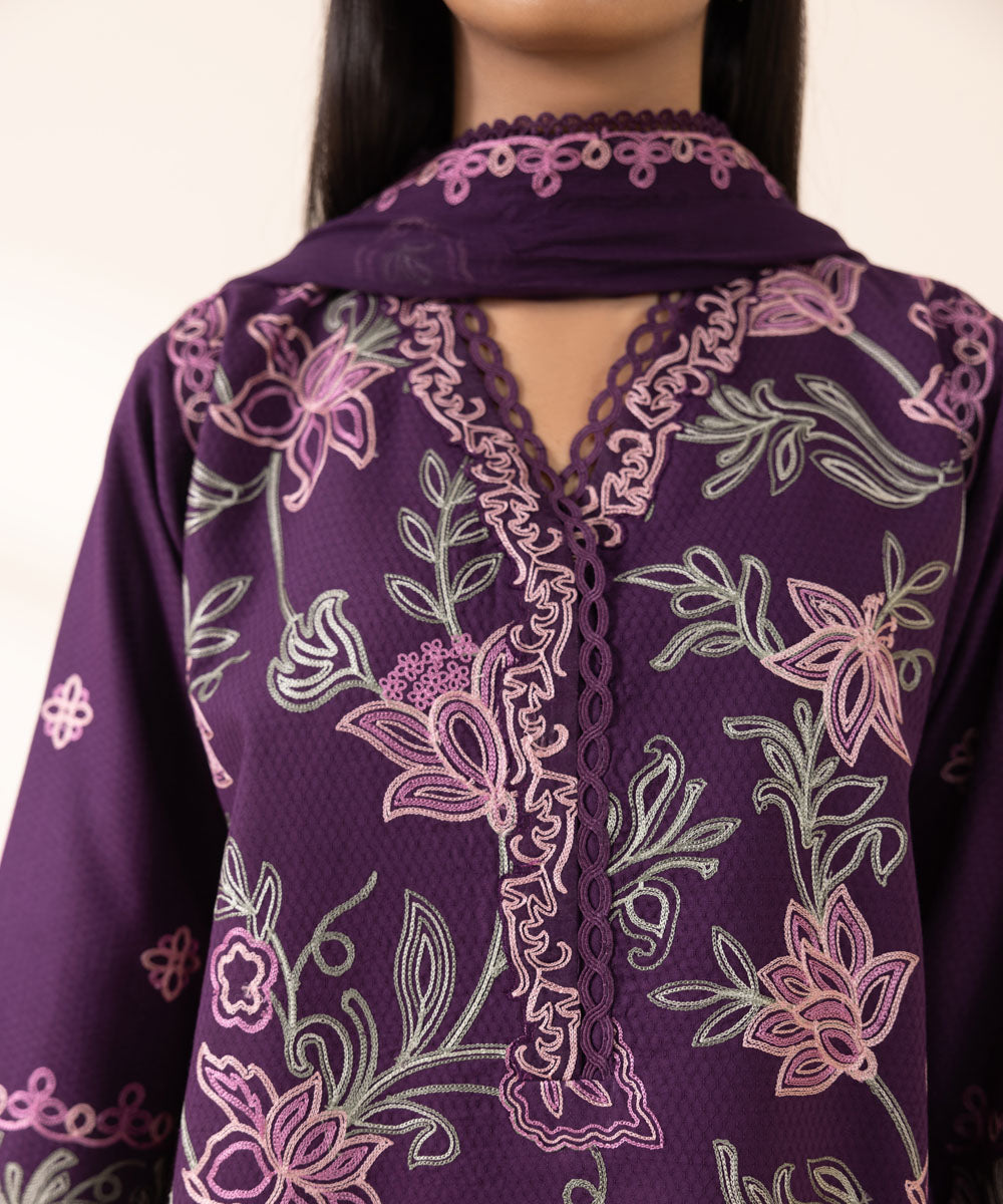 Women's Unstitched Dobby Purple Embroidered 3 Piece Suit